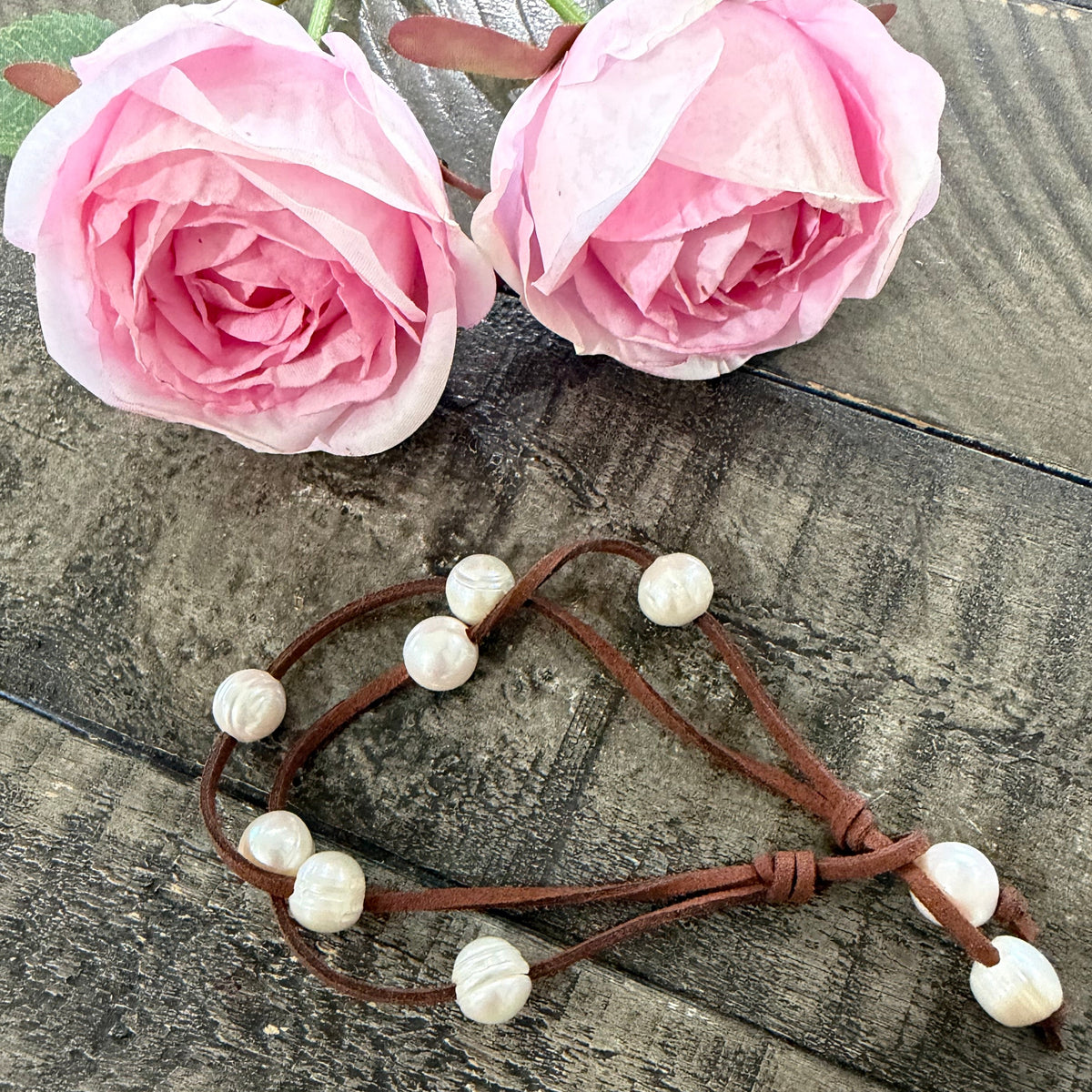 Leather & Pearl Bracelet - Double strand
