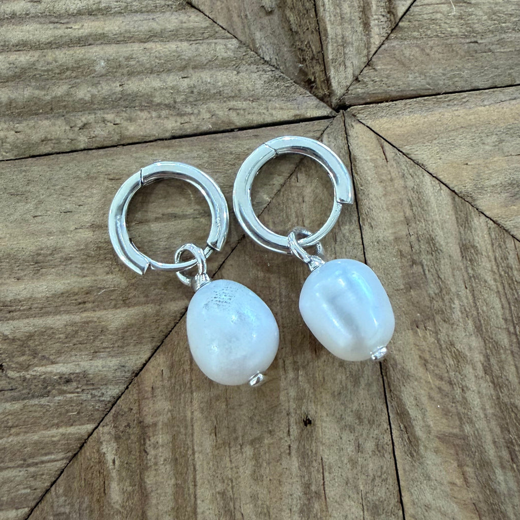 Huggie Hoops w/ Small Oval Pearl