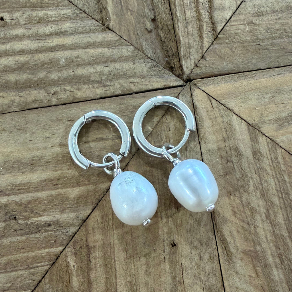 Huggie Hoops w/ Small Oval Pearl