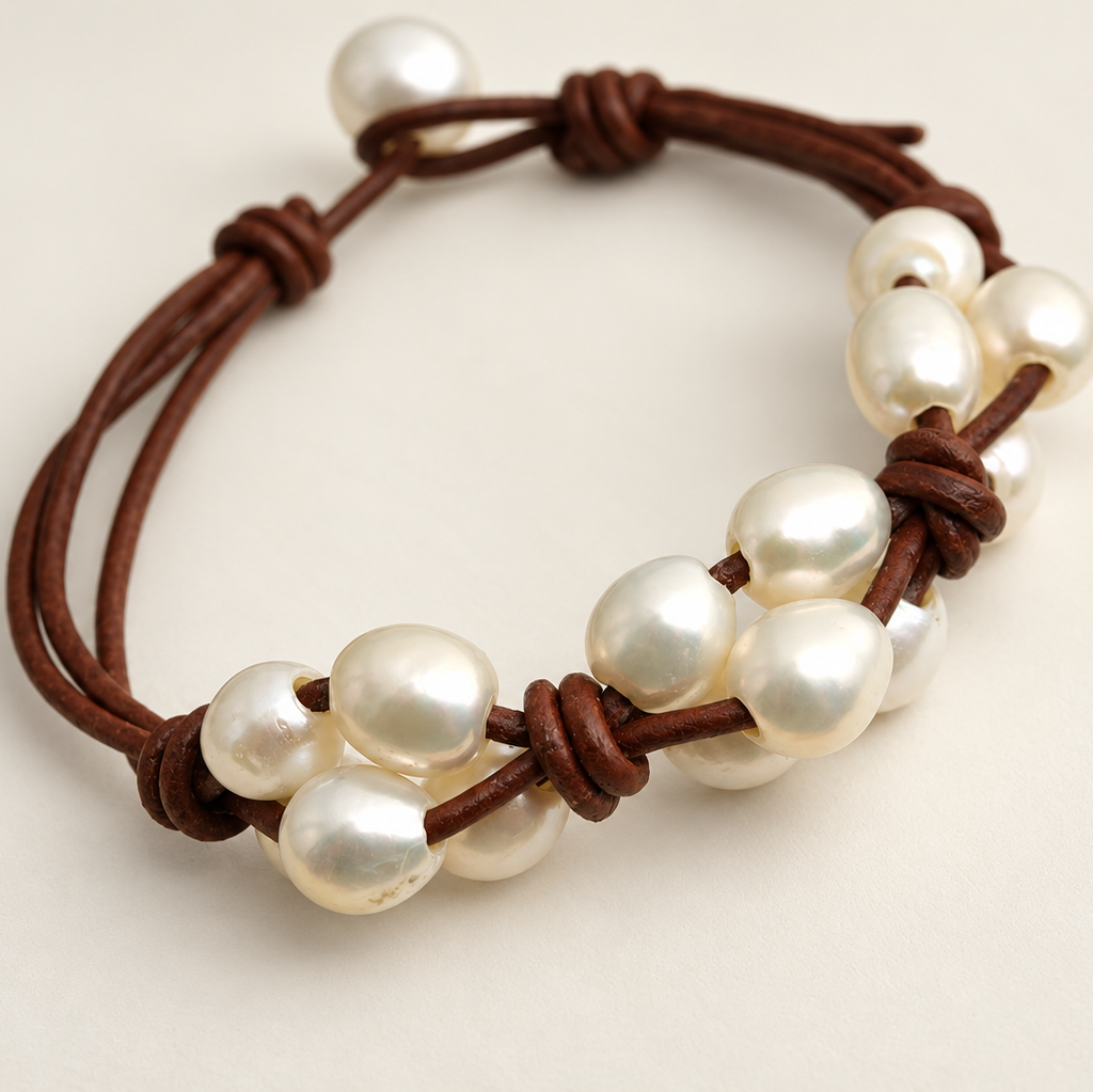 Leather & Pearl Bracelet - Triple Twist